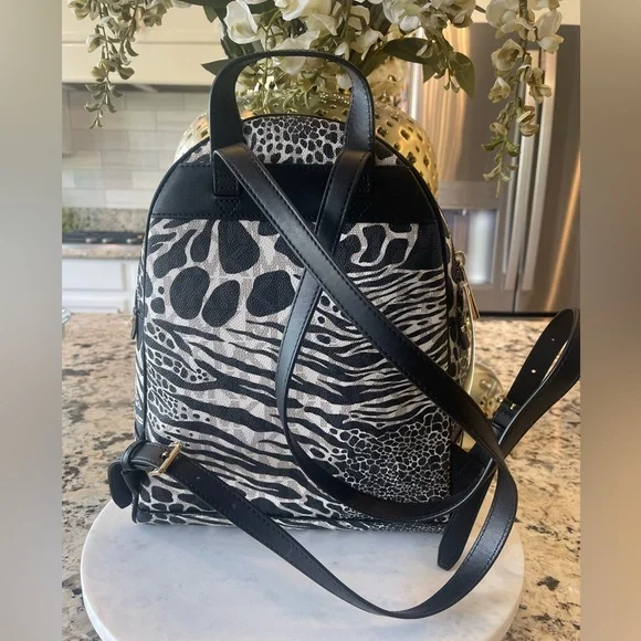Michael Kors RheaBlack White MK Signature Zebra Medium Backpack